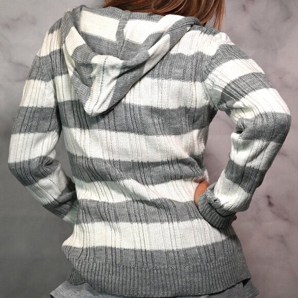 Justice Brand Grey and White Stripe Cable Knit Sweater with Hood & Front Pocket - Picture 2 of 4
